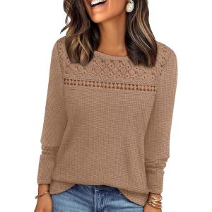 image:imageWIHOLL Blouses for Women Dressy Casual Lace Spring Long Sleeve Shirts 2026 Trendy Sweaters Waffle Knit Beach Vacation ClothesJkhaki