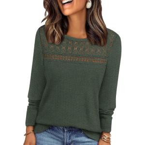 image:imageWIHOLL Blouses for Women Dressy Casual Lace Spring Long Sleeve Shirts 2026 Trendy Sweaters Waffle Knit Beach Vacation ClothesJmoss Green