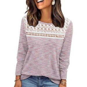 image:imageWIHOLL Blouses for Women Dressy Casual Lace Spring Long Sleeve Shirts 2026 Trendy Sweaters Waffle Knit Beach Vacation ClothesKfantasy Pink