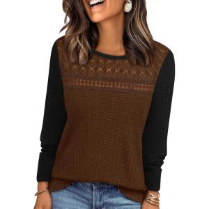 image:imageWIHOLL Blouses for Women Dressy Casual Lace Spring Long Sleeve Shirts 2026 Trendy Sweaters Waffle Knit Beach Vacation ClothesLcoffee Black