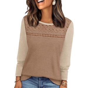 image:imageWIHOLL Blouses for Women Dressy Casual Lace Spring Long Sleeve Shirts 2026 Trendy Sweaters Waffle Knit Beach Vacation ClothesLkhaki Beige