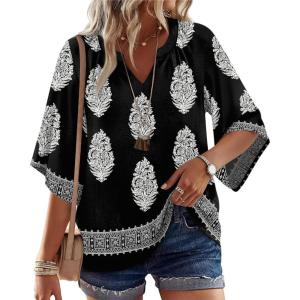 image:imageWIHOLL Boho Tops for Women Summer Spring 34 Sleeve Dressy Fashion V Neck Casual 2026 Business Beach Plus Size Resort BlousesAmulti Black