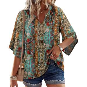 image:imageWIHOLL Boho Tops for Women Summer Spring 34 Sleeve Dressy Fashion V Neck Casual 2026 Business Beach Plus Size Resort BlousesBohemia