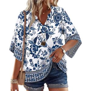 image:imageWIHOLL Boho Tops for Women Summer Spring 34 Sleeve Dressy Fashion V Neck Casual 2026 Business Beach Plus Size Resort BlousesEthnic Floral