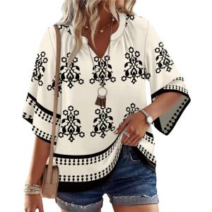 image:imageWIHOLL Boho Tops for Women Summer Spring 34 Sleeve Dressy Fashion V Neck Casual 2026 Business Beach Plus Size Resort BlousesFloral Apricot Black