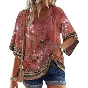 image:imageWIHOLL Boho Tops for Women Summer Spring 34 Sleeve Dressy Fashion V Neck Casual 2026 Business Beach Plus Size Resort BlousesFlower Red