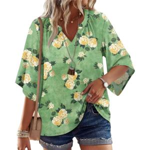 image:imageWIHOLL Boho Tops for Women Summer Spring 34 Sleeve Dressy Fashion V Neck Casual 2026 Business Beach Plus Size Resort BlousesGreen Yellow Flower