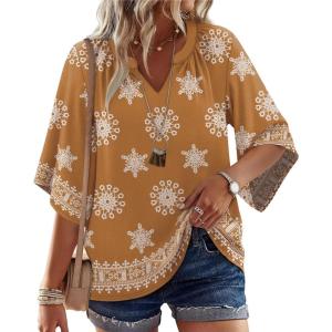 image:imageWIHOLL Boho Tops for Women Summer Spring 34 Sleeve Dressy Fashion V Neck Casual 2026 Business Beach Plus Size Resort BlousesMulti Coffee