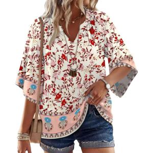 image:imageWIHOLL Boho Tops for Women Summer Spring 34 Sleeve Dressy Fashion V Neck Casual 2026 Business Beach Plus Size Resort BlousesMulti Red