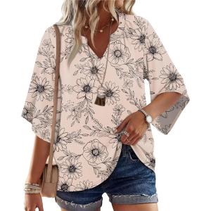 image:imageWIHOLL Boho Tops for Women Summer Spring 34 Sleeve Dressy Fashion V Neck Casual 2026 Business Beach Plus Size Resort BlousesPrintbeige