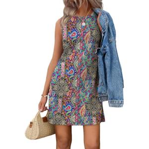 image:imageWIHOLL Casual Dresses for Women Crewneck Sleeveless Tank Dress Summer Spring Boho Vacation ClothesBoho Print