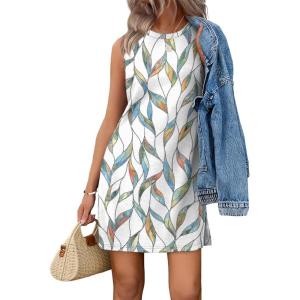 image:imageWIHOLL Casual Dresses for Women Crewneck Sleeveless Tank Dress Summer Spring Boho Vacation ClothesFloral Green Leaf