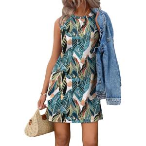 image:imageWIHOLL Casual Dresses for Women Crewneck Sleeveless Tank Dress Summer Spring Boho Vacation ClothesFloral Palm Leaf