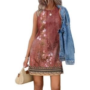 image:imageWIHOLL Casual Dresses for Women Crewneck Sleeveless Tank Dress Summer Spring Boho Vacation ClothesFloral Pink