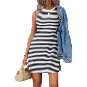 image:imageWIHOLL Casual Dresses for Women Crewneck Sleeveless Tank Dress Summer Spring Boho Vacation ClothesWhite Black Stripe