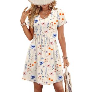 image:imageWIHOLL Dresses for Women 2026 Casual Summer V Neck Babydoll Dress Short Sleeve Fashion Beach Vacation ClothesYellow Floral
