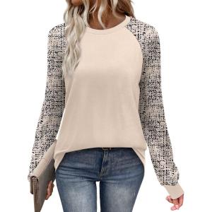 image:imageWIHOLL Long Sleeve Shirts for Women Color Block Raglan Tops Casual Crewneck Basic Tees Fall Clothes 2026 Fashion02  Beige Print