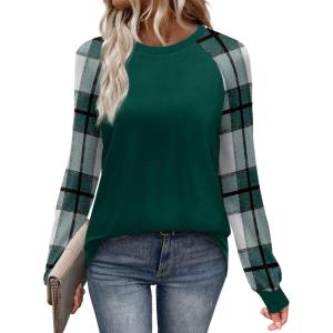 image:imageWIHOLL Long Sleeve Shirts for Women Color Block Raglan Tops Casual Crewneck Basic Tees Fall Clothes 2026 Fashion02  Green Plaid