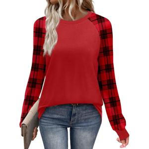 image:imageWIHOLL Long Sleeve Shirts for Women Color Block Raglan Tops Casual Crewneck Basic Tees Fall Clothes 2026 Fashion02  Red Plaid