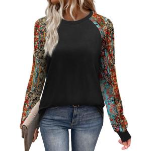 image:imageWIHOLL Long Sleeve Shirts for Women Color Block Raglan Tops Casual Crewneck Basic Tees Fall Clothes 2026 Fashion03  Black Boho Print