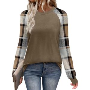 image:imageWIHOLL Long Sleeve Shirts for Women Color Block Raglan Tops Casual Crewneck Basic Tees Fall Clothes 2026 Fashion03  Coffee Plaid