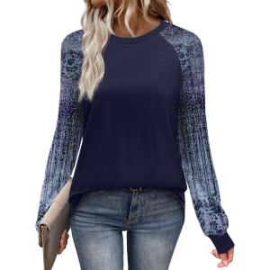 image:imageWIHOLL Long Sleeve Shirts for Women Color Block Raglan Tops Casual Crewneck Basic Tees Fall Clothes 2026 Fashion03  Navy Print