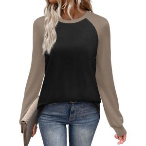 image:imageWIHOLL Long Sleeve Shirts for Women Color Block Raglan Tops Casual Crewneck Basic Tees Fall Clothes 2026 Fashion05  Black Coffee
