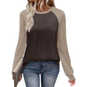 image:imageWIHOLL Long Sleeve Shirts for Women Color Block Raglan Tops Casual Crewneck Basic Tees Fall Clothes 2026 Fashion05  Dark Brown