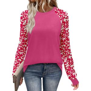 image:imageWIHOLL Long Sleeve Shirts for Women Color Block Raglan Tops Casual Crewneck Basic Tees Fall Clothes 2026 Fashion05  Pink Print