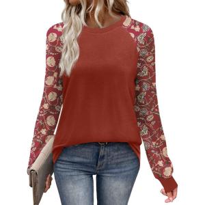 image:imageWIHOLL Long Sleeve Shirts for Women Color Block Raglan Tops Casual Crewneck Basic Tees Fall Clothes 2026 Fashion05  Red Floral
