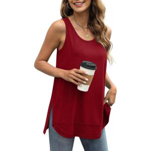 image:imageWIHOLL Loose Fit Tank Tops for Women Scoop Neck Summer Side Split Sleeveless Shirts 2026 FashionC0 Wine