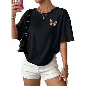 image:imageWIHOLL Oversized Tshirts for Women Summer Crew Neck Short Sleeve Graphic Tees Casual Loose Fit Workout Tops 2026Butterfly Print Black