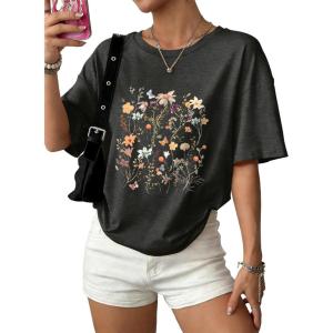 image:imageWIHOLL Oversized Tshirts for Women Summer Crew Neck Short Sleeve Graphic Tees Casual Loose Fit Workout Tops 2026Flower Print Black