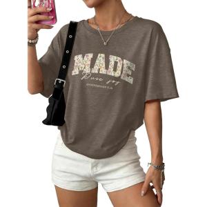 image:imageWIHOLL Oversized Tshirts for Women Summer Crew Neck Short Sleeve Graphic Tees Casual Loose Fit Workout Tops 2026Letters Flower Khaki