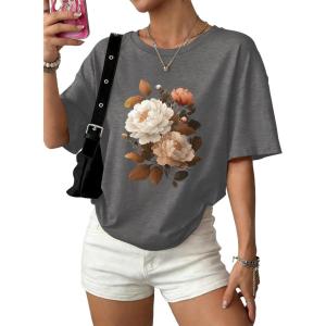 image:imageWIHOLL Oversized Tshirts for Women Summer Crew Neck Short Sleeve Graphic Tees Casual Loose Fit Workout Tops 2026Rose Print