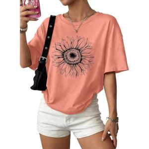 image:imageWIHOLL Oversized Tshirts for Women Summer Crew Neck Short Sleeve Graphic Tees Casual Loose Fit Workout Tops 2026Sunflower Print Pink