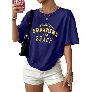 image:imageWIHOLL Oversized Tshirts for Women Summer Crew Neck Short Sleeve Graphic Tees Casual Loose Fit Workout Tops 2026Yellow Letters Dark Blue