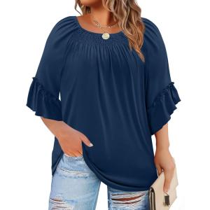 image:imageWIHOLL Plus Size Tops for Women 34 Length Sleeve Blouses Dressy Casual Tshirts Shirts Fahion Summer OutfitsBlue