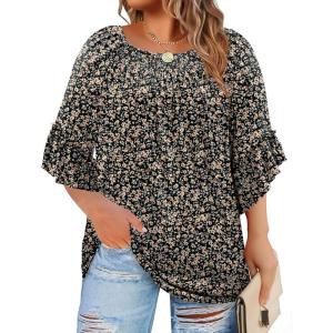 image:imageWIHOLL Plus Size Tops for Women 34 Length Sleeve Blouses Dressy Casual Tshirts Shirts Fahion Summer OutfitsFloral 01
