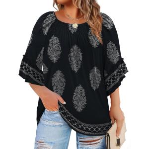 image:imageWIHOLL Plus Size Tops for Women 34 Length Sleeve Blouses Dressy Casual Tshirts Shirts Fahion Summer OutfitsFloral 02