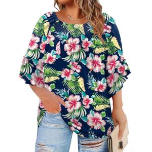 image:imageWIHOLL Plus Size Tops for Women 34 Length Sleeve Blouses Dressy Casual Tshirts Shirts Fahion Summer OutfitsFloral 03