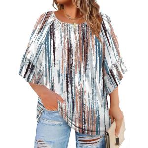 image:imageWIHOLL Plus Size Tops for Women 34 Length Sleeve Blouses Dressy Casual Tshirts Shirts Fahion Summer OutfitsFloral 04