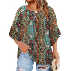 image:imageWIHOLL Plus Size Tops for Women 34 Length Sleeve Blouses Dressy Casual Tshirts Shirts Fahion Summer OutfitsFloral 06