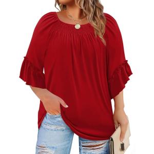 image:imageWIHOLL Plus Size Tops for Women 34 Length Sleeve Blouses Dressy Casual Tshirts Shirts Fahion Summer OutfitsRed