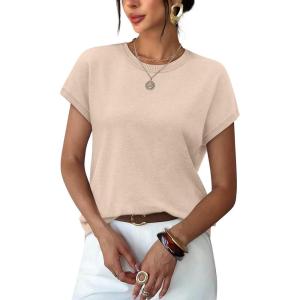 image:imageWIHOLL Short Sleeve Sweater for Women Summer Tops Crew Neck Fashion Clothing Tshirts Shirts Travel Outfits Dressy CasualBeige