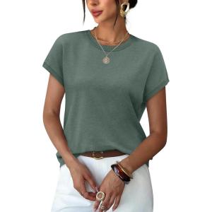 image:imageWIHOLL Short Sleeve Sweater for Women Summer Tops Crew Neck Fashion Clothing Tshirts Shirts Travel Outfits Dressy CasualDark Green