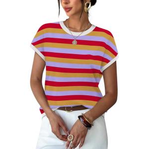 image:imageWIHOLL Short Sleeve Sweater for Women Summer Tops Crew Neck Fashion Clothing Tshirts Shirts Travel Outfits Dressy CasualStriped 01