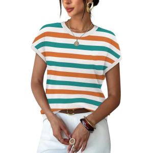 image:imageWIHOLL Short Sleeve Sweater for Women Summer Tops Crew Neck Fashion Clothing Tshirts Shirts Travel Outfits Dressy CasualStriped 02
