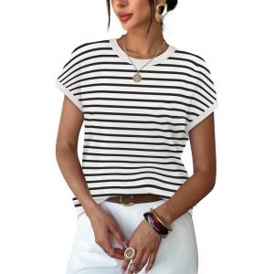 image:imageWIHOLL Short Sleeve Sweater for Women Summer Tops Crew Neck Fashion Clothing Tshirts Shirts Travel Outfits Dressy CasualStriped 04