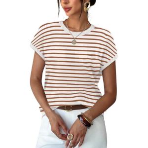 image:imageWIHOLL Short Sleeve Sweater for Women Summer Tops Crew Neck Fashion Clothing Tshirts Shirts Travel Outfits Dressy CasualStriped 05